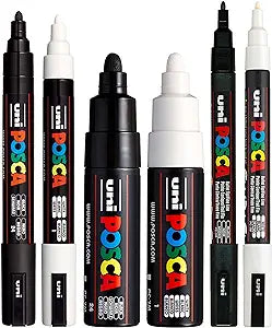 Posca Paint Markers - Black & White Bullet Tip - Set of 6 Pens